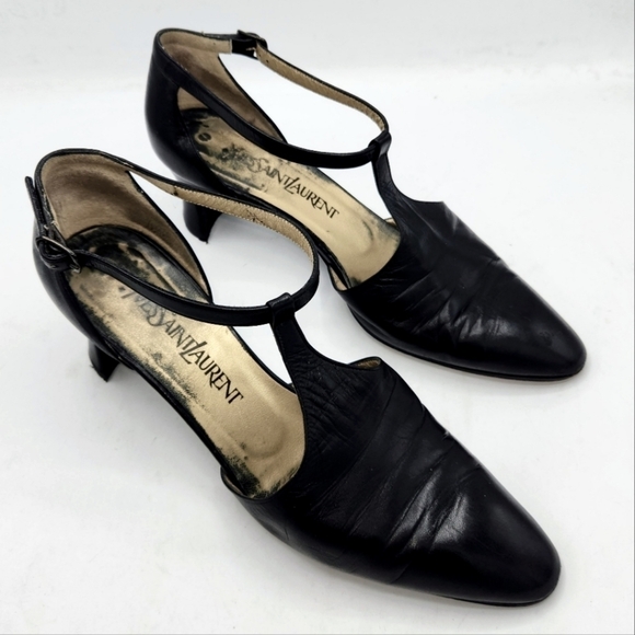 YVES SAINT LAURENT VINTAGE LEATHER T-STRAP ALMOND TOE MARY JANE SHOES BLACK 7.5 - Picture 4 of 15